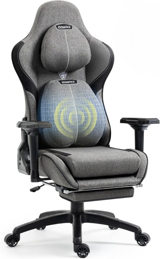 Dowinx Gaming Chair Fabric with Adjustable Cushion and Headrest, Ergonomic Office Chair Lumbar Support Massage for Adults, Game Computer Chair with Footrest and 4D Armrest, 400lbs, Black