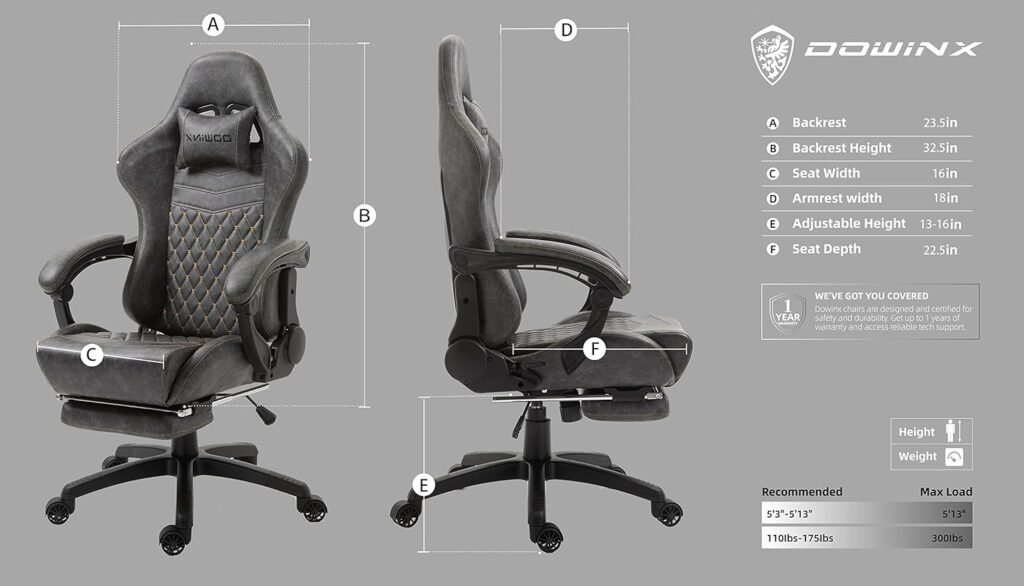 Dowinx Gaming Office, PC with Massage Lumbar Support, Vintage Style PU Leather High Back Adjustable Swivel Task Chair with Footrest (Light Grey)