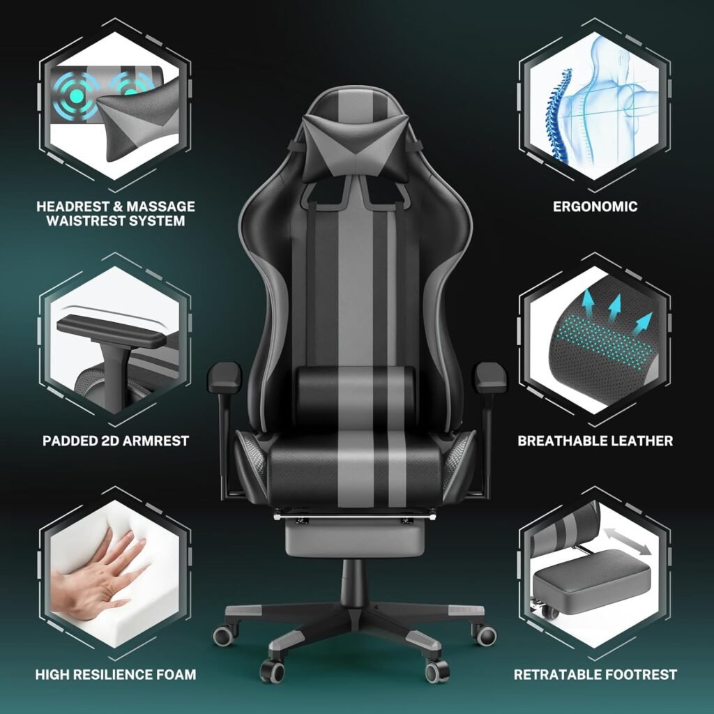 Soontrans Blue Gaming Chair with Footrest,Leather Ergonomic Gamer Chair for Adults,Ergonomic Computer Office PC Chair with Massage,Height Adjustable Video Game Chair 300LBS(Blue)