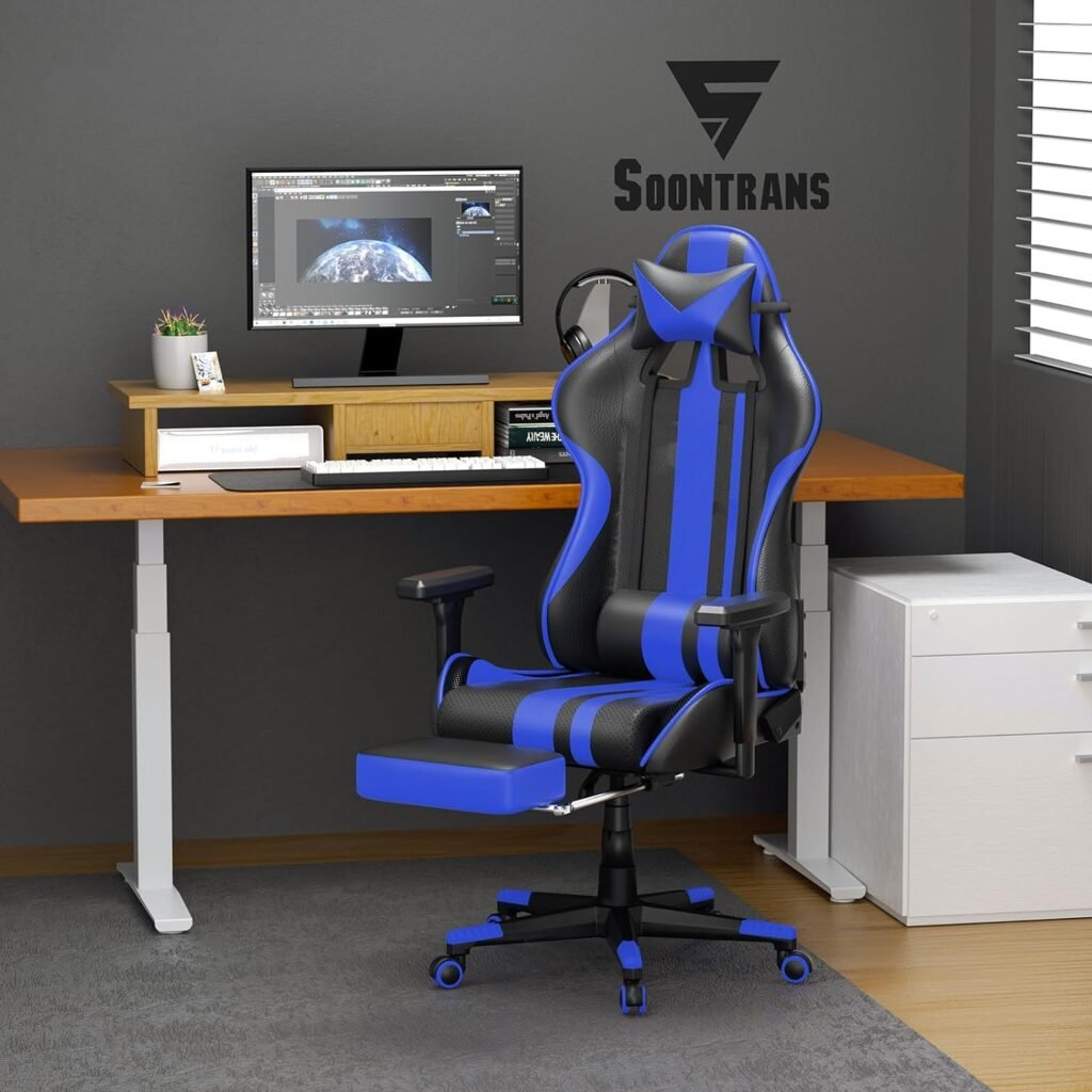 Soontrans Blue Gaming Chair with Footrest,Leather Ergonomic Gamer Chair for Adults,Ergonomic Computer Office PC Chair with Massage,Height Adjustable Video Game Chair 300LBS(Blue)