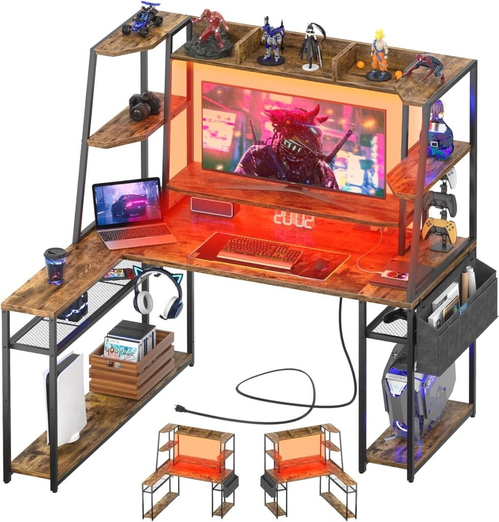 L Shaped Gaming Desk with Hutch, 47 Gaming Computer Desk with LED Lights  Power Strips, Reversible L-shaped PC Gaming Desk with Storage Shelves, L Desk for Gaming with Monitor Stand, Rustic Brown