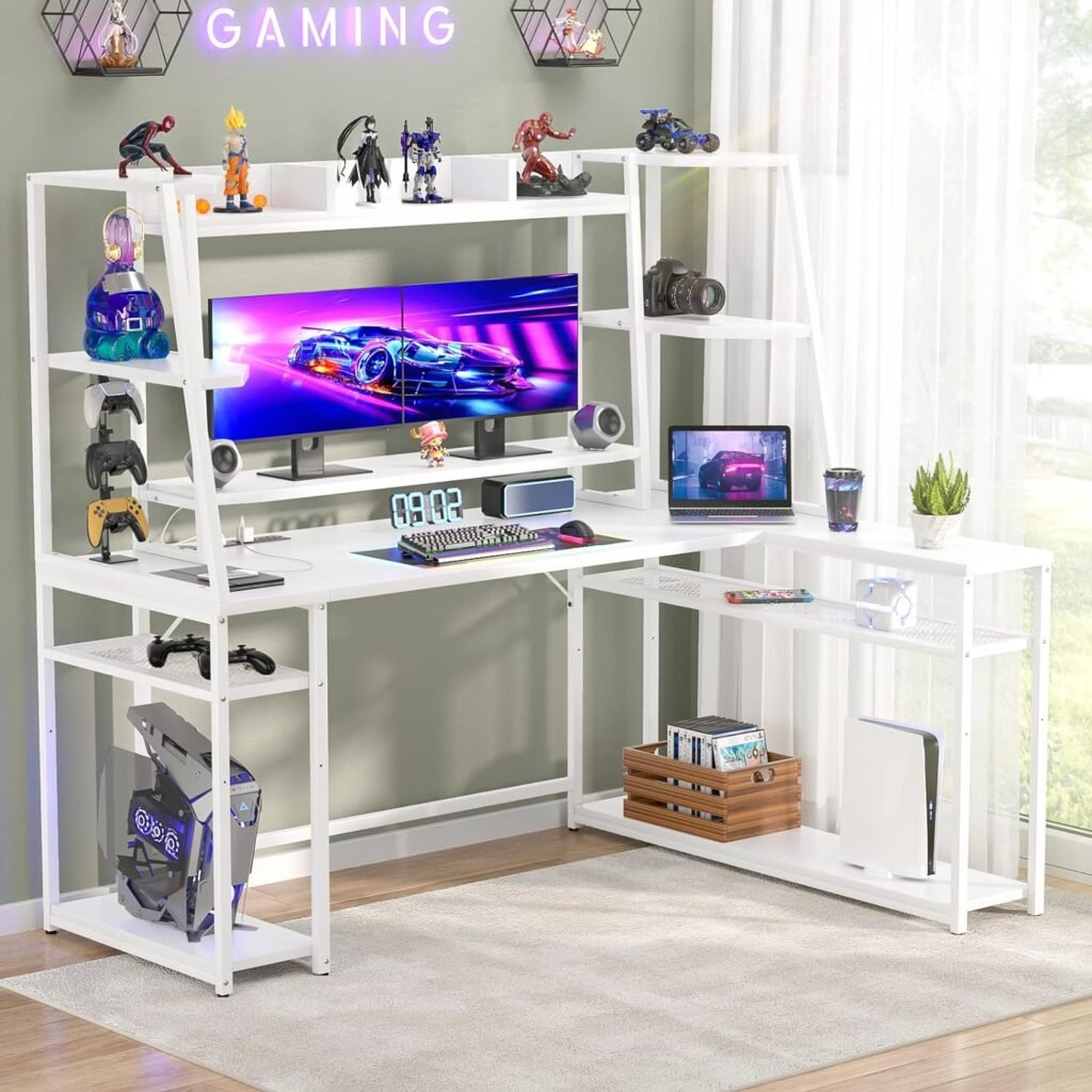 L Shaped Gaming Desk with Hutch, 47 Gaming Computer Desk with LED Lights  Power Strips, Reversible L-shaped PC Gaming Desk with Storage Shelves, L Desk for Gaming with Monitor Stand, Rustic Brown