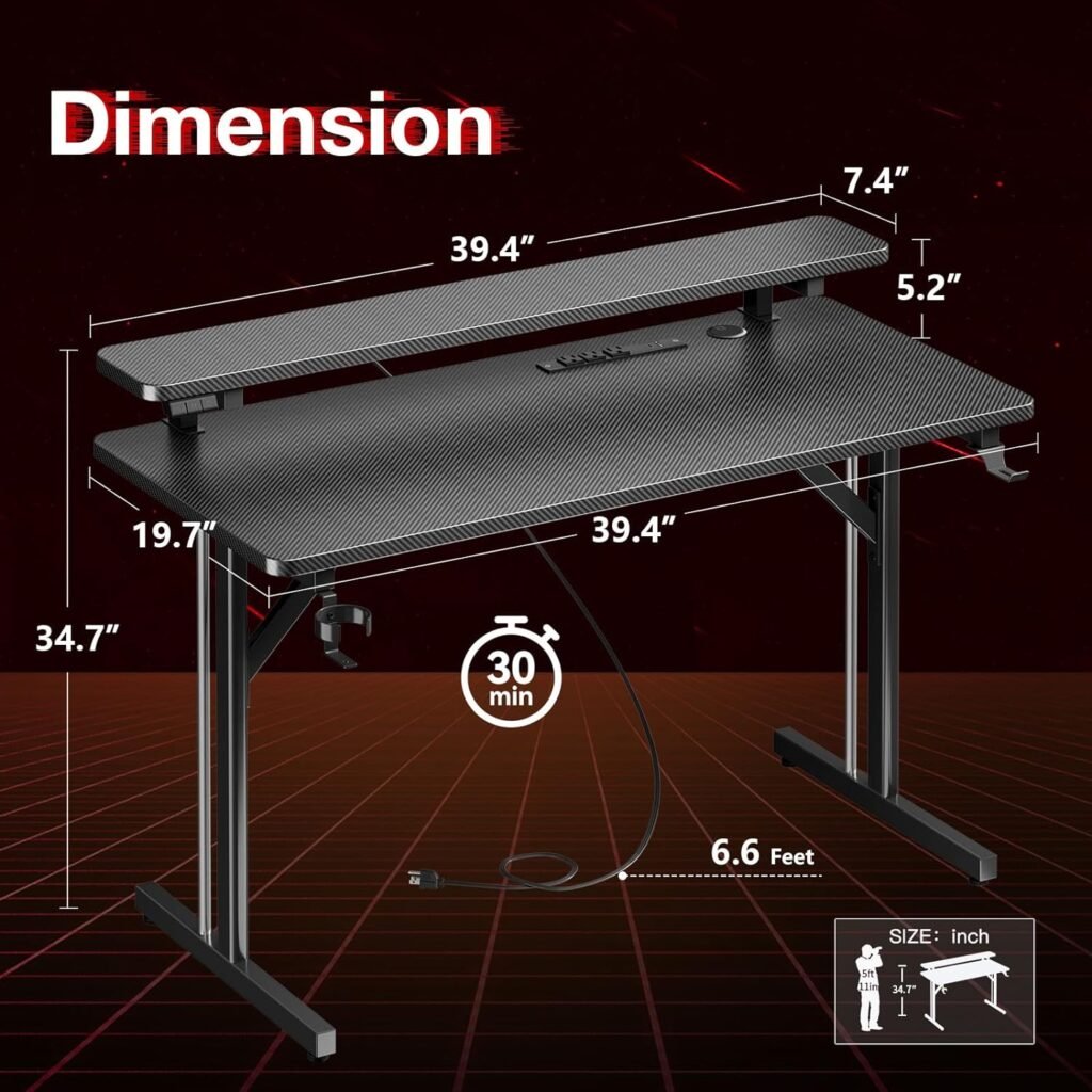 MOTPK Small Gaming Desk with LED Lights  Power Outlets, 31 Inch Computer Desk Gaming Table with Monitor Shelf, Gamer Desk with Carbon Fiber Texture, Kids Boys Desk Gift for Men