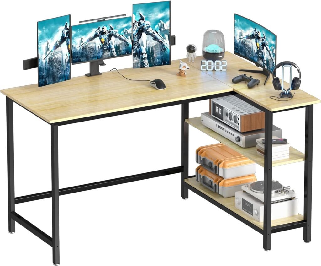 L Shaped Desk - 43 Inch Gaming Desk, Computer Corner Desk, Home Office Writing Desk with Shelf, Space-Saving Workstation Table, Modern Simple Wooden Desk, Beech