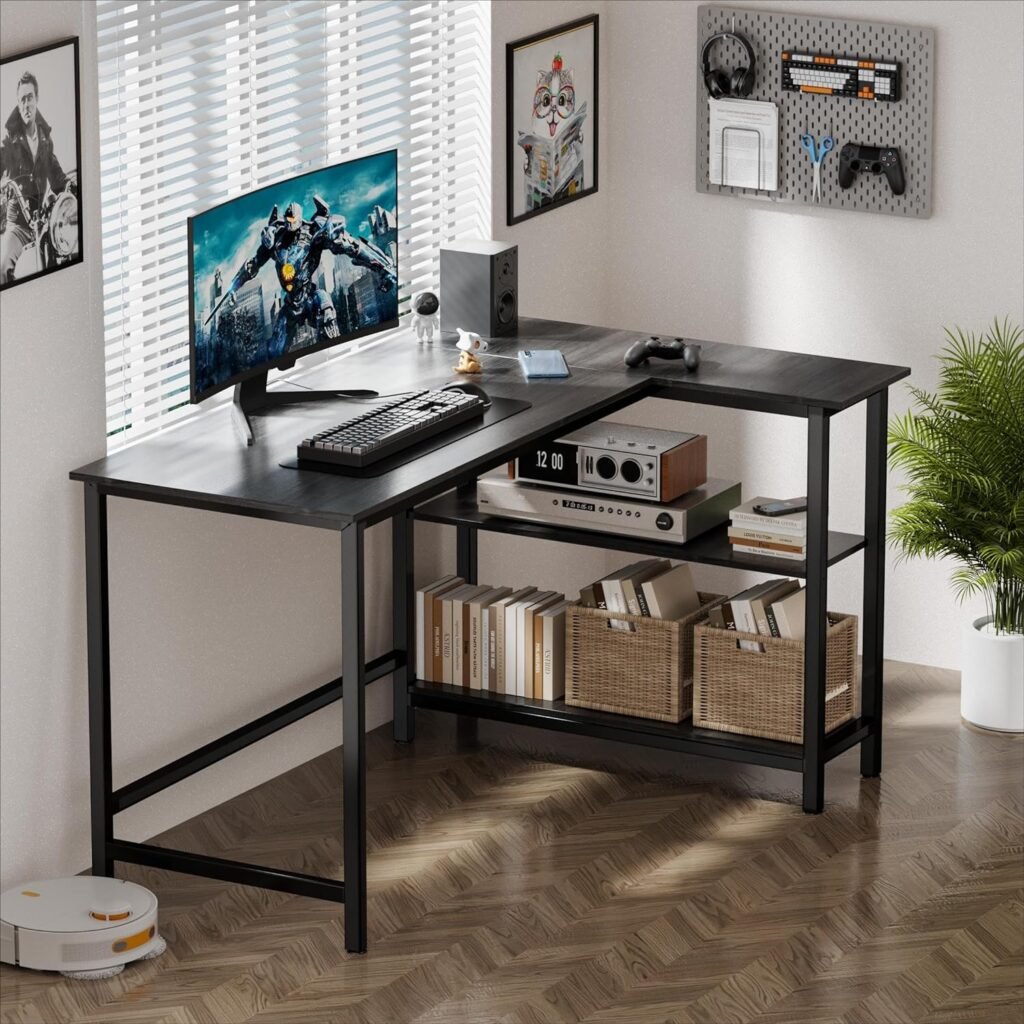 L Shaped Desk - 43 Inch Gaming Desk, Computer Corner Desk, Home Office Writing Desk with Shelf, Space-Saving Workstation Table, Modern Simple Wooden Desk, Beech