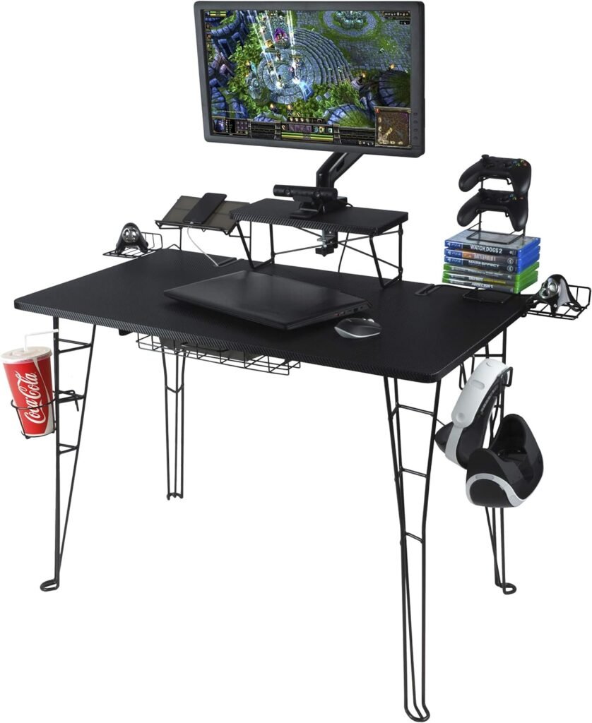 Atlantic Original Gaming Desk – Carbon-Fiber Laminated Desktop, Heavy-Duty Steel-Wire Legs, Elevated Monitor Platform, Tablet/Phone Stand, Speaker Stands, Video Game Gadget Rack, PN 33935701 - Black