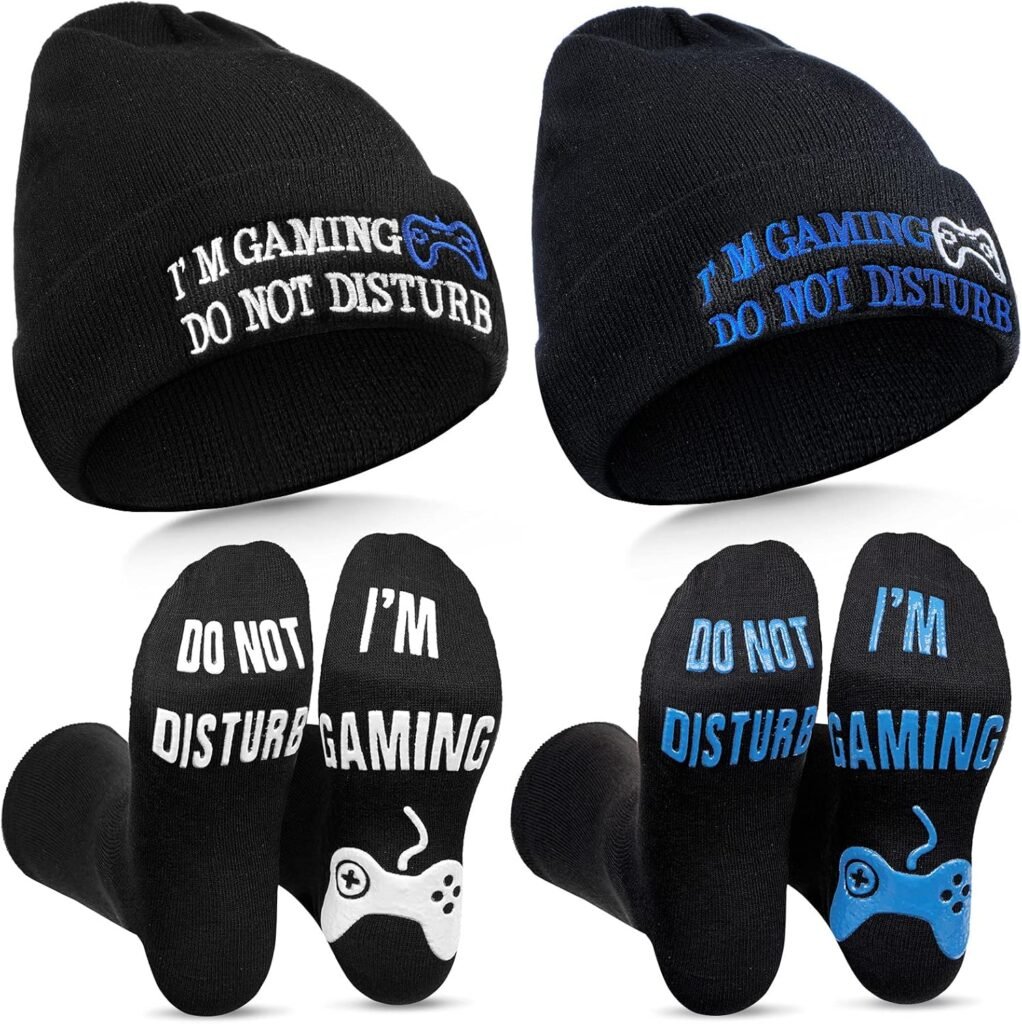 4 Pieces Im Gaming Socks Beanie Hats, Included 2 Pairs Novelty Gamer Socks Warm Casual Crew Socks and 2 Pieces Knit Hat Black Skull Cap for Women Men